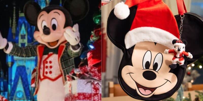 On the left, a person in a Mickey Mouse costume stands in front of a festive backdrop. On the right, popular Disney World merch for the Holidays 2025—a Mickey Mouse bag with a Santa hat and plush Mickey dressed as Santa—hangs nearby.
