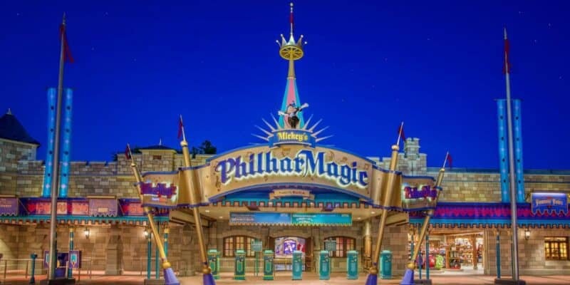 The entrance to Mickey's PhilharMagic at night at Magic Kingdom