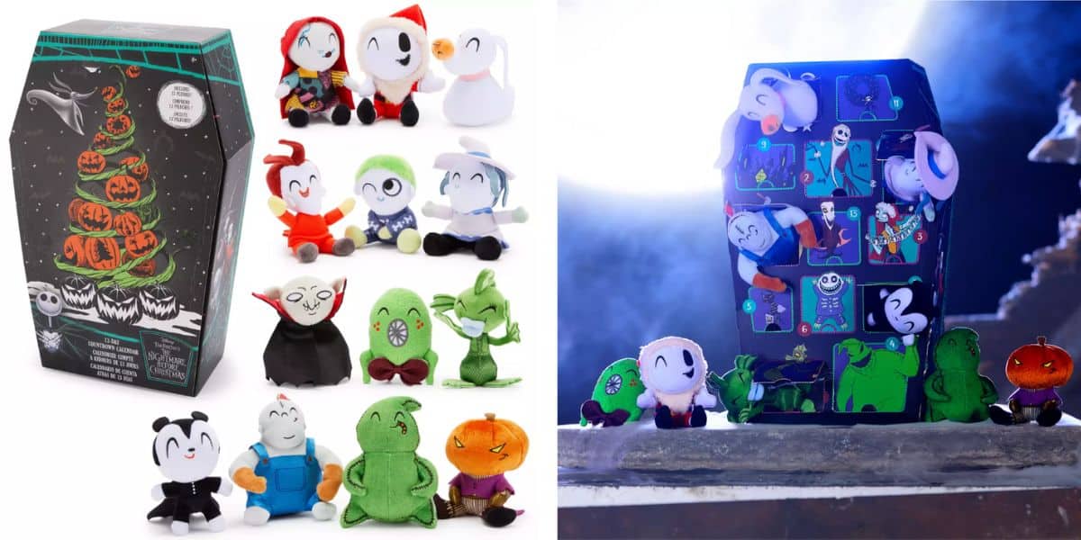 A display of small Disney plush toys from "The Nightmare Before Christmas" features characters like Jack Skellington and Sally, arranged beside a coffin-shaped box and in front of a purple advent calendar.
