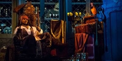 A Jack Sparrow animatronic on the Pirates of the Caribbean ride at Magic Kingdom.