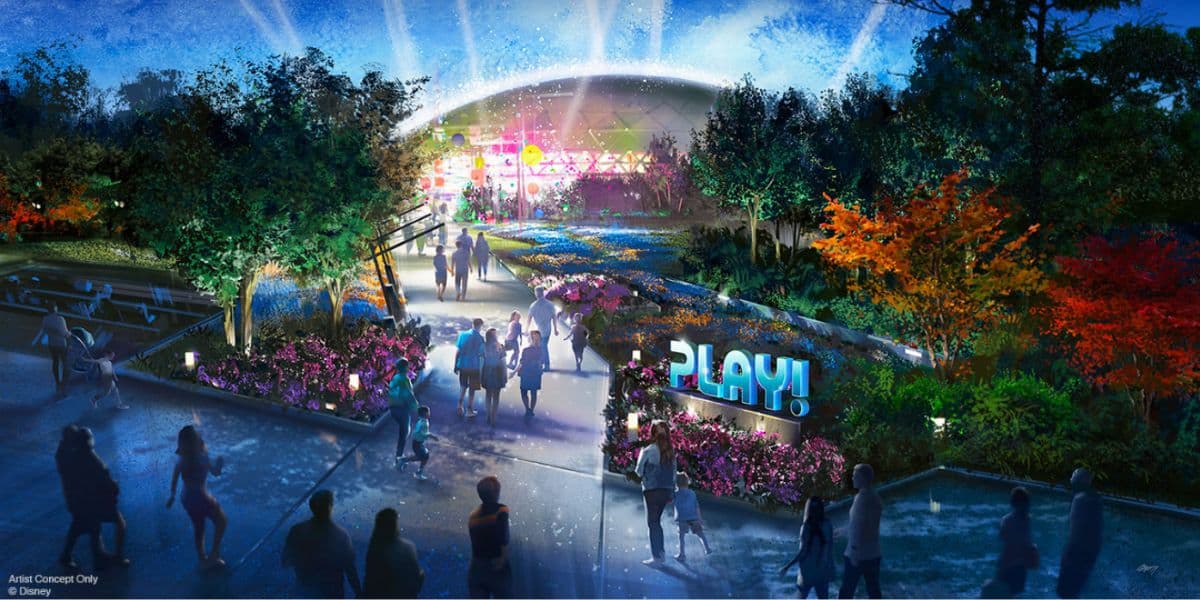 A vibrant, colorful park scene at night shows people walking toward a glowing, dome-shaped building labeled “PLAY!”—evoking the whimsical, futuristic spirit of Epcot—surrounded by lush trees, flowers, and dynamic light beams.