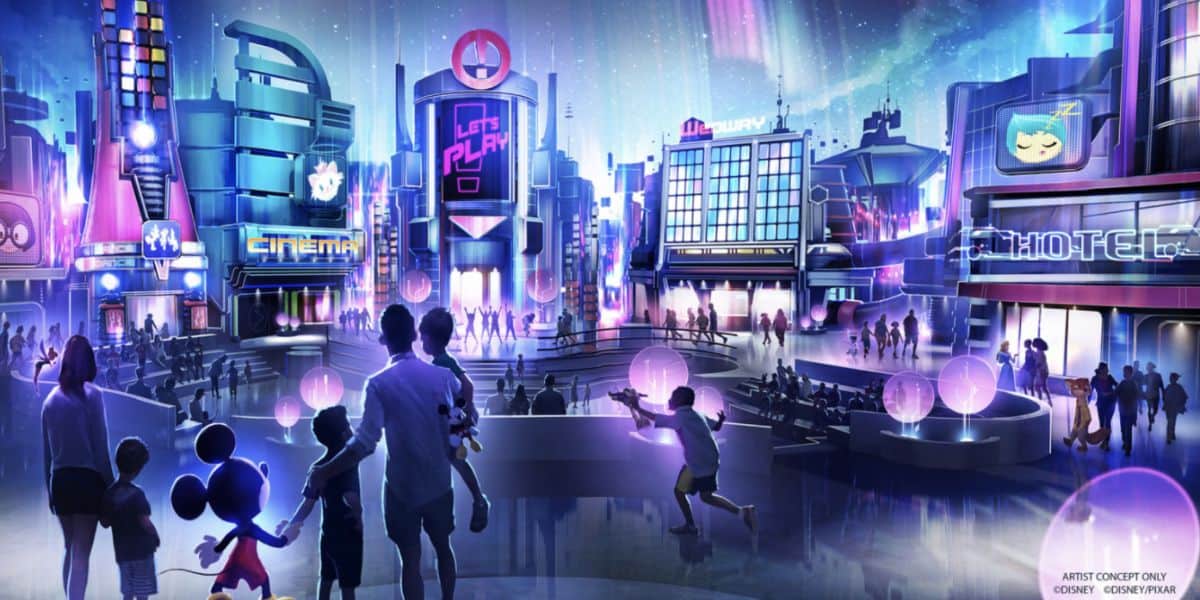 A futuristic theme park at night glows with neon lights. Families, including a child holding hands with someone in a Mickey Mouse costume, explore Epcot-inspired attractions like a cinema and hotel amid vibrant, animated buildings.