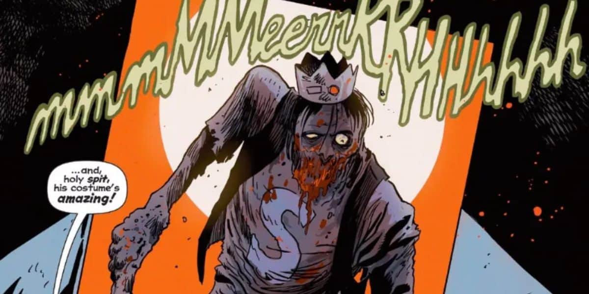 A zombie wearing a torn royal costume and crown staggers in front of a bright full moon near Riverdale, emitting loud, distorted sounds. A comic-style speech bubble praises his costume.