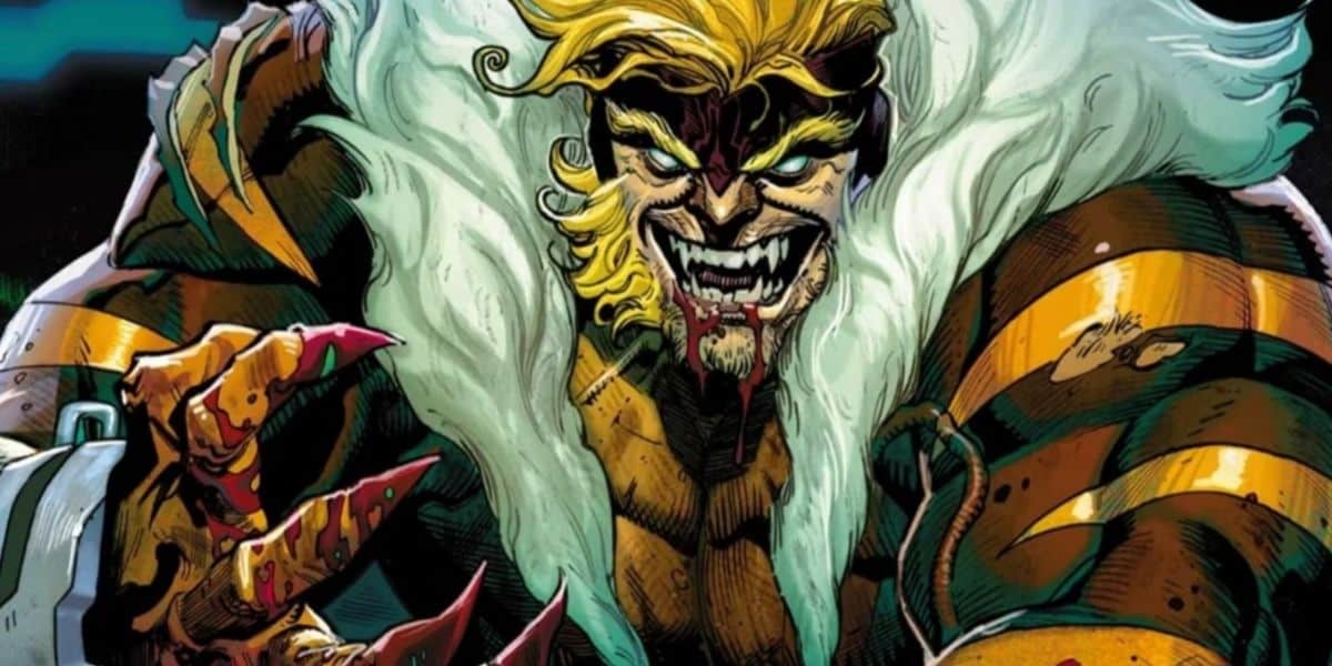 A muscular, menacing comic book character with wild blond hair, sharp fangs, and blood on his lips snarls with clawed hands raised—a look reminiscent of Robert Downey Jr.’s intense on-screen presence. He wears a fur-lined costume with orange and black stripes.