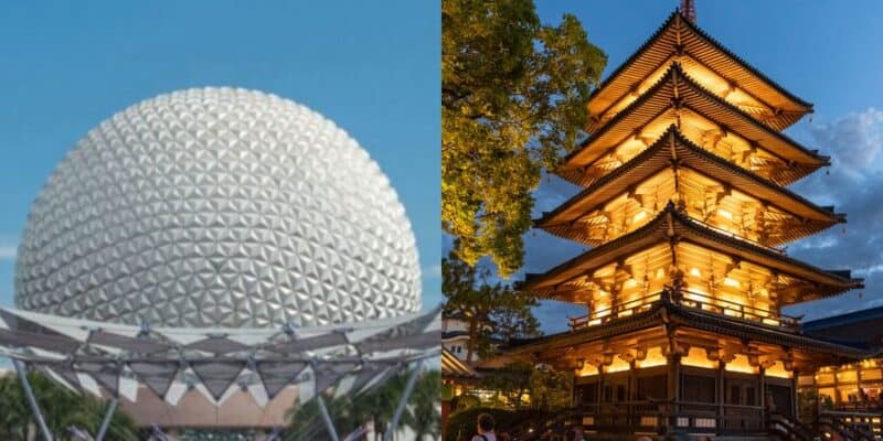 Split image: Left side shows EPCOT’s geodesic sphere at Disney World, with a blue sky background. Right side displays a traditional, multi-tiered Japanese pagoda illuminated at dusk, surrounded by trees.