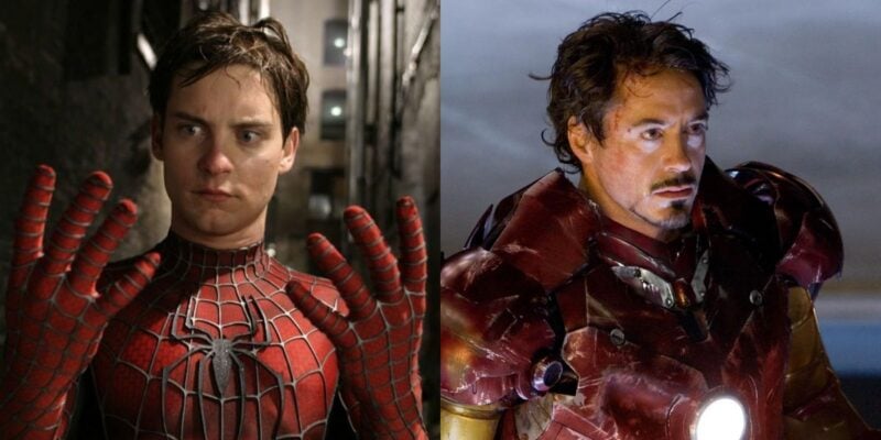 Split image: On the left, Spider-Man looks at his hands in surprise. On the right, Iron-Man stands in a damaged suit with a serious expression. Both iconic Disney heroes are shown in dramatic movie scenes.