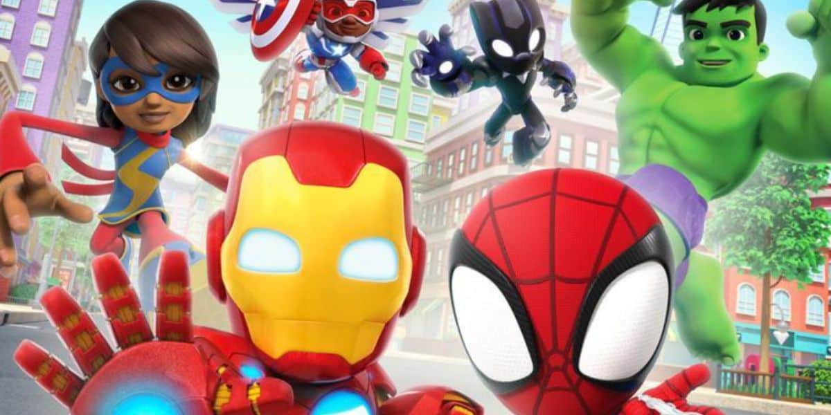 Animated superheroes, including Ms. Marvel, Captain America, Black Panther, Hulk, Iron Man, and Spider-Man, pose dynamically in a colorful city setting as Spider-Man swings through the buildings in the vibrant background.