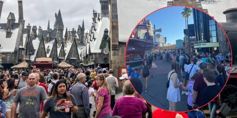A large crowd of people walks through a theme park with snow-covered rooftops and towers, while an inset circle shows another busy area of the park with more visitors, palm trees, and a red train.