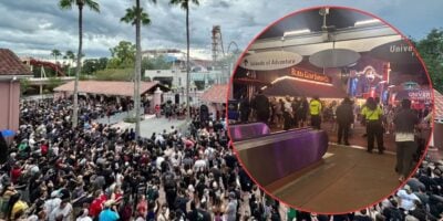 A large crowd gathers outdoors near palm trees and theme park buildings. Inset: Security and people stand under signs for Islands of Adventure and Universal Studios at night.