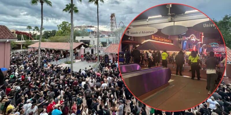 A large crowd gathers outdoors near palm trees and theme park buildings. Inset: Security and people stand under signs for Islands of Adventure and Universal Studios at night.
