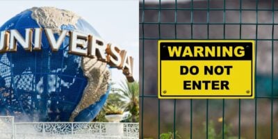 The image is split in two: the left shows the Universal Studios globe at Universal Orlando, while the right features a “Warning: Do Not Enter” sign on a wire fence, suggesting a reason to cancel trip plans.