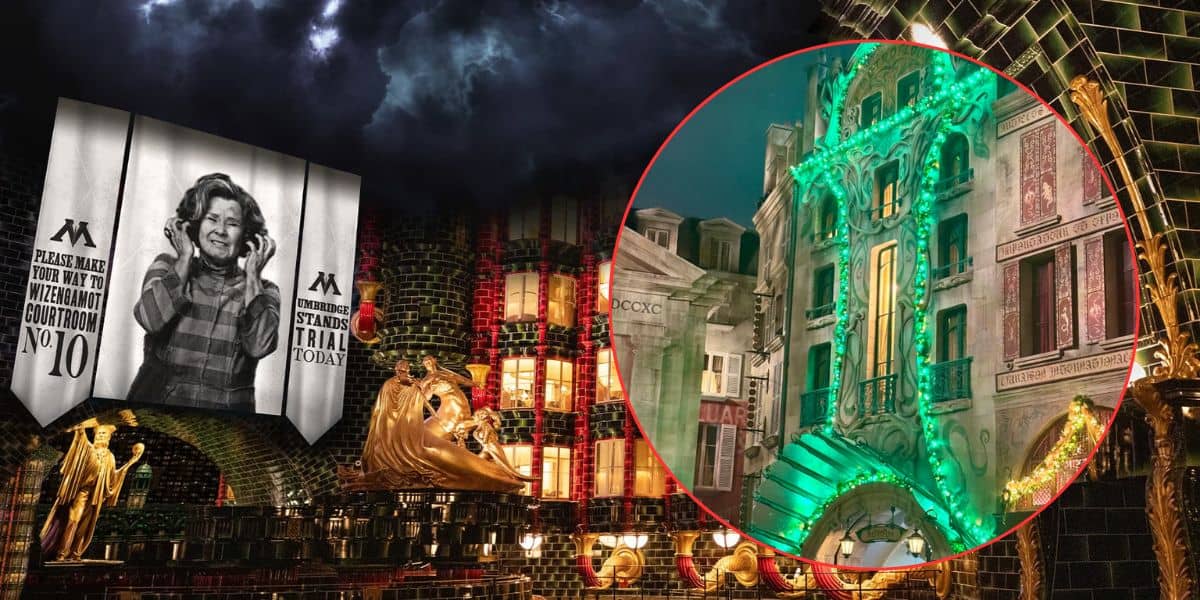 A dark, dramatic scene with a vintage black-and-white courtroom screen on the left and an ornate, glowing green building facade on the right, surrounded by shiny gold accents and tiled walls.