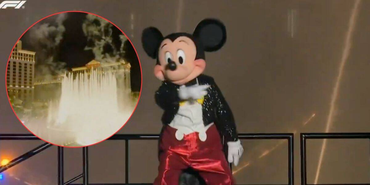 Mickey Mouse dazzles fans on stage at Disney World; inset highlights a spectacular fountain show with water soaring skyward.