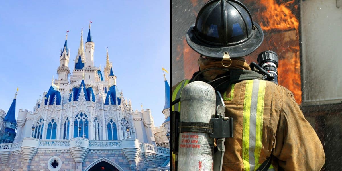 A split-image with Cinderella Castle at Magic Kingdom (left) and a firefighter (right)