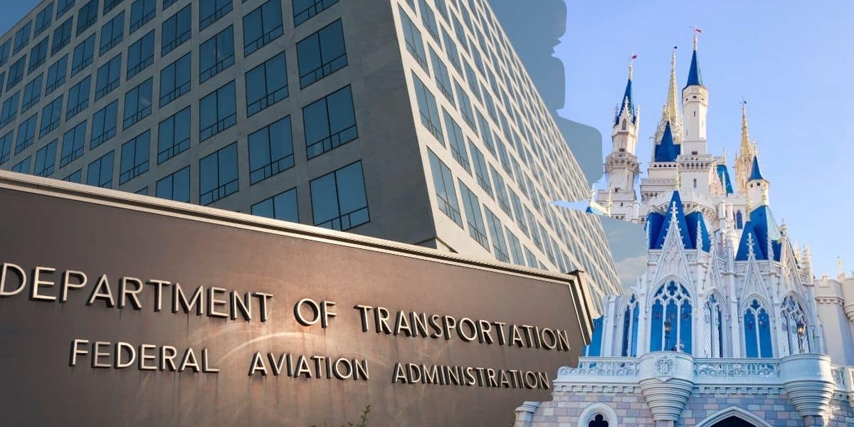 A photo collage showing the Department of Transportation Federal Aviation Administration building next to the Magic Kingdom Cinderella Castle at Disney World, blending elements of government and fairy tale architecture.