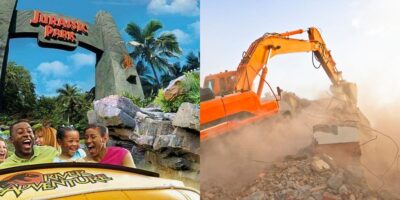 A split image: on the left, excited people ride the Jurassic Park River Adventure at Islands of Adventure at Universal Orlando Resort on the right, an orange excavator demolishes a building amid dust and rubble.