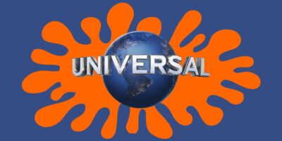 The Universal globe logo is in front of an orange splat shape on a blue background, hinting at a fun Nickelodeon collaboration coming to Universal theme Park in 2026.
