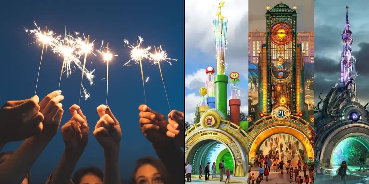 A group of hands holding sparklers on the left; on the right, people walk through a colorful, illuminated entrance to three out of five portals of Epic Universe at Universal Orlando Resort.