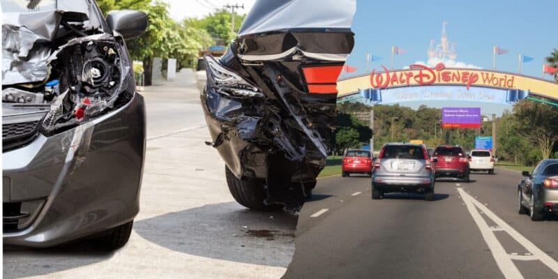 Cars involved in an accident blend with vehicles driving toward the iconic Walt Disney World entrance under bright daylight.