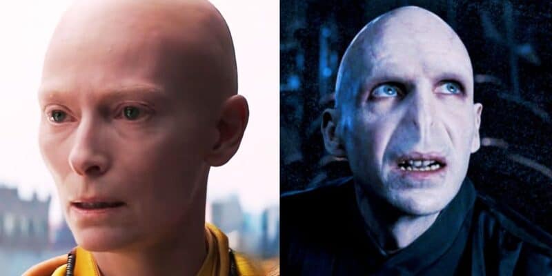Side-by-side images: Tilda Swinton in 'Avengers: Endgame' on the left, Ralph Fiennes as Voldemort in 'Harry Potter and the Order of the Phoenix'