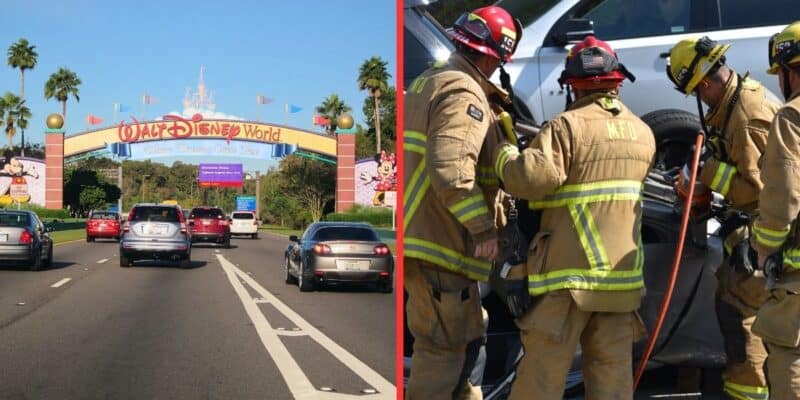 Left: Guests arrive at Walt Disney World; Right: Emergency crews use rescue tools following a car accident nearby.