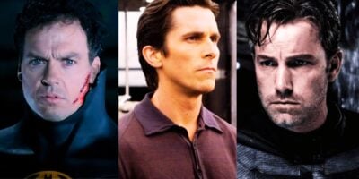 Split image of different Bruce Wayne portrayals: Michael Keaton on the left in 'Batman Returns', Christian Bale in the middle in 'The Dark Knight', and Ben Affleck on the right in 'Batman v Superman'