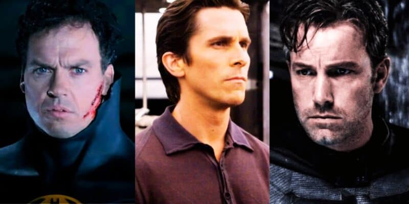 Split image of different Bruce Wayne portrayals: Michael Keaton on the left in 'Batman Returns', Christian Bale in the middle in 'The Dark Knight', and Ben Affleck on the right in 'Batman v Superman'