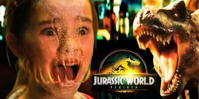 Mixed image: Maisie Lockwood (Isabella Sermon) screaming in 'Jurassic World: Fallen Kingdom' on the left, and the Rex from 'Rebirth' on the right next to the film's logo