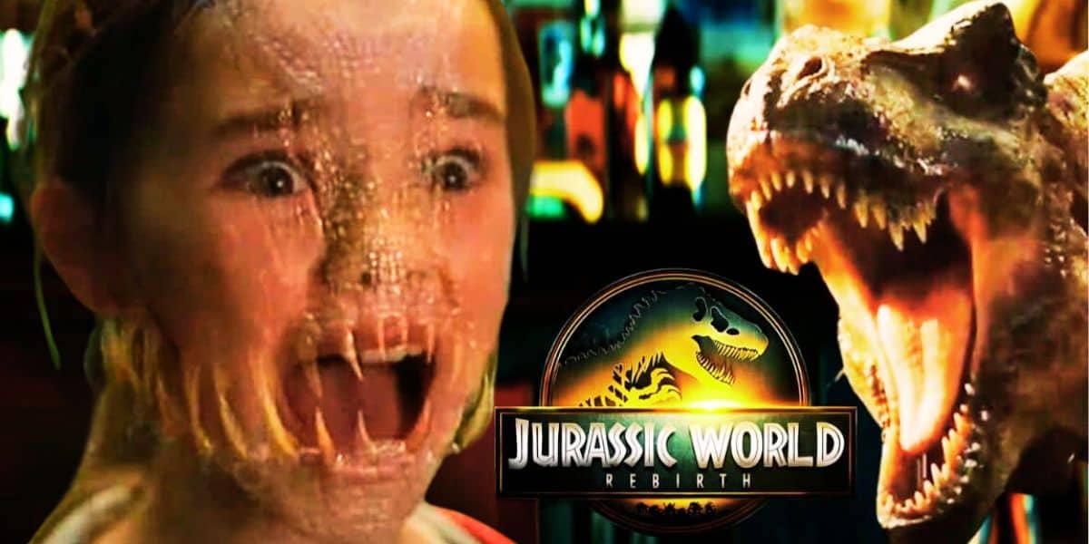 Mixed image: Maisie Lockwood (Isabella Sermon) screaming in 'Jurassic World: Fallen Kingdom' on the left, and the Rex from 'Rebirth' on the right next to the film's logo