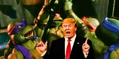 Mixed image: Donald Trump in the foreground, with the 1990 Ninja Turtles doing "cowabunga in the background
