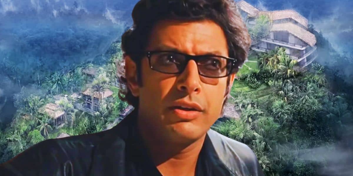 Mixed image: Dr. Ian Malcolm (Jeff Goldblum) in 'Jurassic Park', and the background is concept art of the hotel in the game "Jurassic Park: Survival"