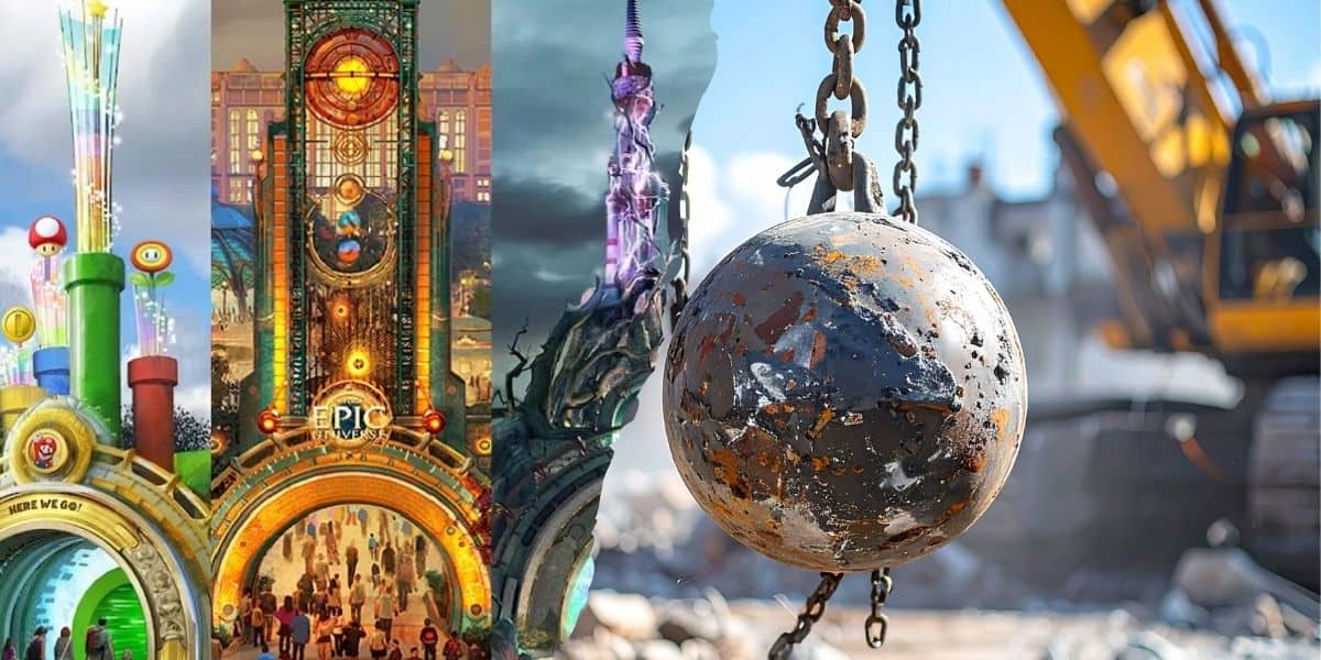 A split image shows a colorful, lively theme park entrance on the left and a rusty wrecking ball in front of a construction site with debris and machinery on the right showing inside of Epic Universe.