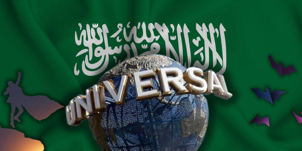 A globe with the word "UNIVERSAL" wraps around it, set against the Saudi Arabian flag. Silhouettes of bats and a person with a cape appear in the corners as a new Universal Studios theme park could be built here soon.