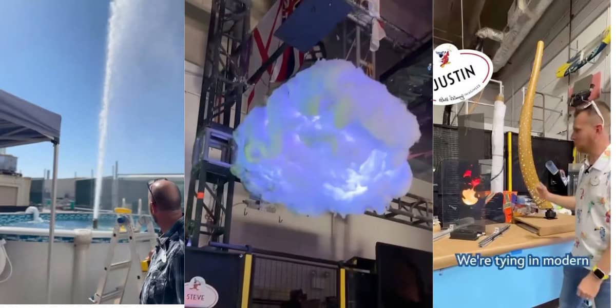 A collage of three images: a water jet spraying into the air by a pool, a glowing artificial cloud suspended indoors, and a man in safety glasses holding a long, flexible illuminated tube—Disney Imagineering teases new projects coming to Disney World.