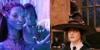 On the left, a blue-skinned character from Avatar stands in a glowing, purple-lit setting inspired by the Avatar ride at Disney World. On the right, a child in glasses and a large pointed hat sits in a wood-paneled room, referencing Harry Potter.