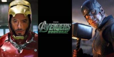 Iron Man is shown on the left, Captain America holding Thor’s hammer is on the right, and the center features the “Avengers: Doomsday” logo, highlighting a major Disney MCU decision on a black background.