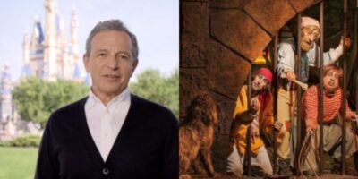 A man in a suit stands outdoors with a castle in the background (left), and three pirates behind bars with a dog holding keys in its mouth from the classic attractions at Walt Disney World (right).