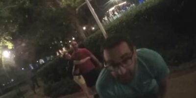 A screenshot from Bodycam footage from a 2022 arrest at Walt Disney World Resort's BoardWalk Inn hotel