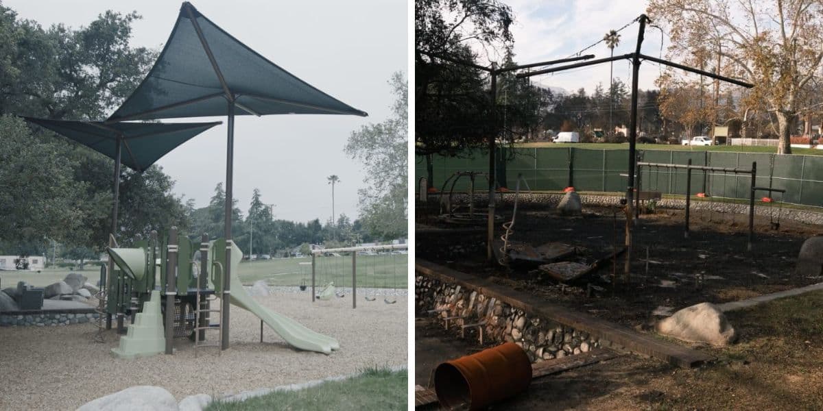 Charles White Park before and after it was destroyed by the wildfires.