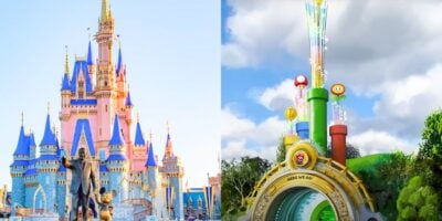 split image: on the left, Disney World's Cinderella Castle. on the right, the tube entrance to Epic Universe's SUPER NINTENDO World