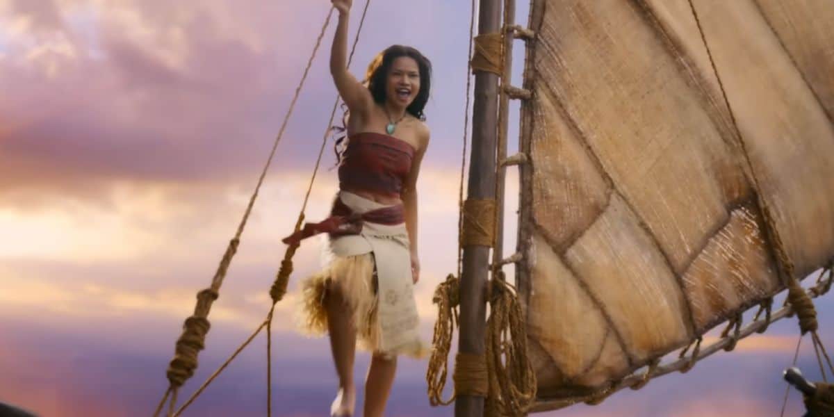 A young woman, reminiscent of Moana, in traditional Polynesian clothing stands on a sailing canoe, holding a rope and smiling confidently against a colorful sunset sky.