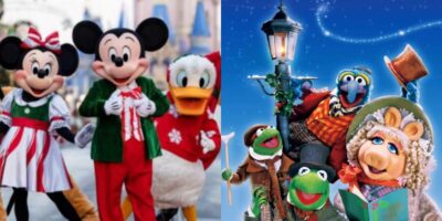 Mickey Mouse, Minnie, and Donald Duck in festive holiday outfits join Muppet friends like Kermit and Miss Piggy for a magical Disney World Christmas, set against a snowy blue background and streetlamp—like a scene from the best movies.