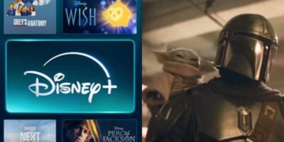 A split image displays the Disney+ menu on the left and iconic Star Wars characters Grogu (Baby Yoda) and the Mandalorian on the right, highlighting popular Disney titles.