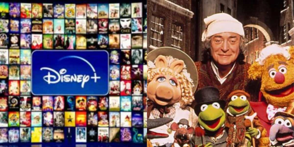 Split image: On the left, a Disney+ logo is surrounded by many Disney Christmas Movies thumbnails. On the right, a group of Muppet characters and a man in period costume pose together, smiling in a festive, wintry setting.