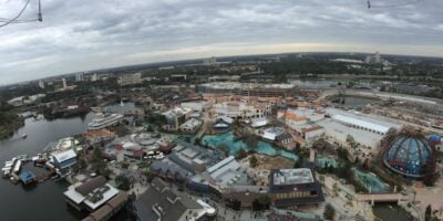 Aerial view of Disney Springs, including the World of Disney store.