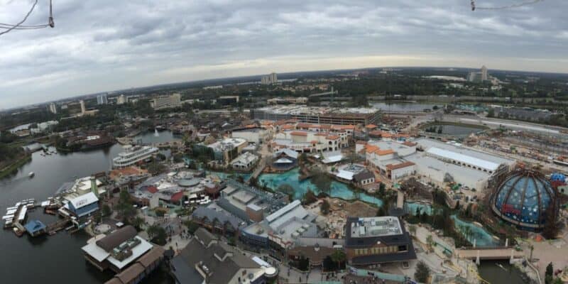 Aerial view of Disney Springs, including the World of Disney store.