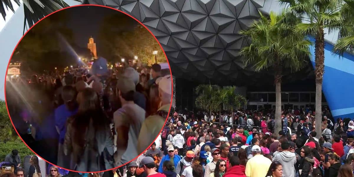 A large crowd gathers outside a geodesic dome structure, with palm trees nearby. Inset shows another dense crowd at night, illuminated by streetlights, emphasizing the heavy attendance.