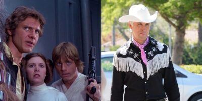 On the left, three iconic Star Wars characters—Han Solo, Princess Leia, and Luke Skywalker—look surprised. On the right, a man in a white cowboy hat and fringed western shirt stands outdoors, smiling. Lucasfilm magic unites both worlds.
