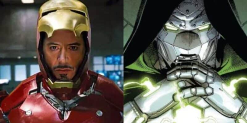 Split image: On the left, Iron Man of the Avengers with his helmet raised, revealing his face. On the right, Doctor Doom from Avengers Doomsday stands in a metal mask and hooded cloak, hands clasped with glowing green energy. Disney magic meets epic rivalry.