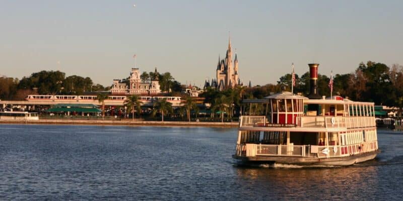 The Magic Kingdom ferry boat crosses the Seven Seas Lagoon at Walt Disney World Resort.
